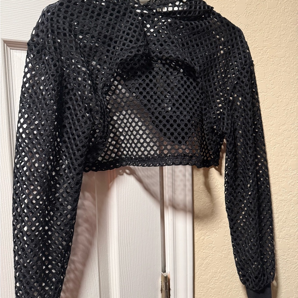 Chic Black Mesh Crop Top with Hood